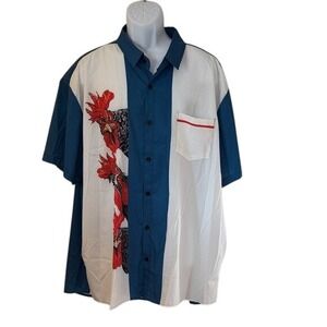 HARD DADDY Mens 3XL Rooster‎ Print Short Sleeve Button Up Shirt Blue White